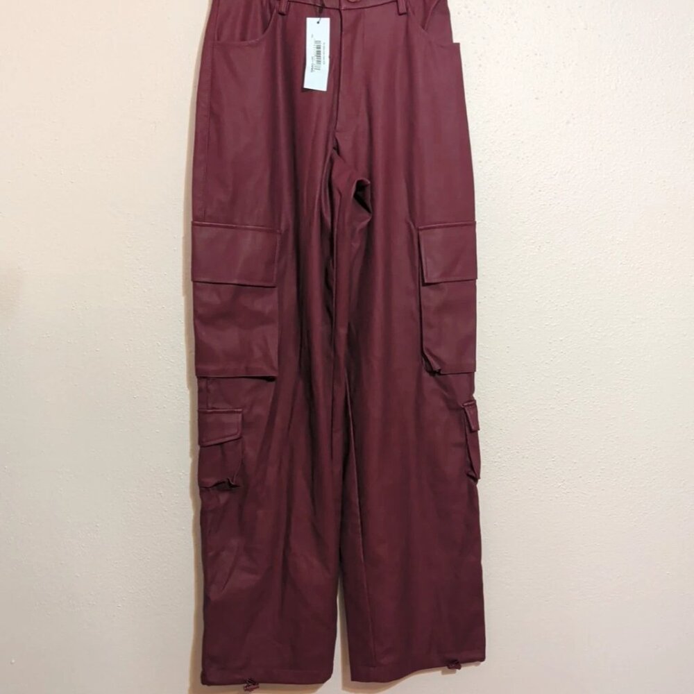 Y2K Grunge Women's NWT Vegan Leather Cargo Pants High Rise Dark Cherry Size XXS - Picture 2 of 14